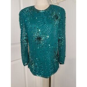 Vintage 80s Oleg Cassini Silk Sequin Blouse Emerald Green Starburst Formal SZ S